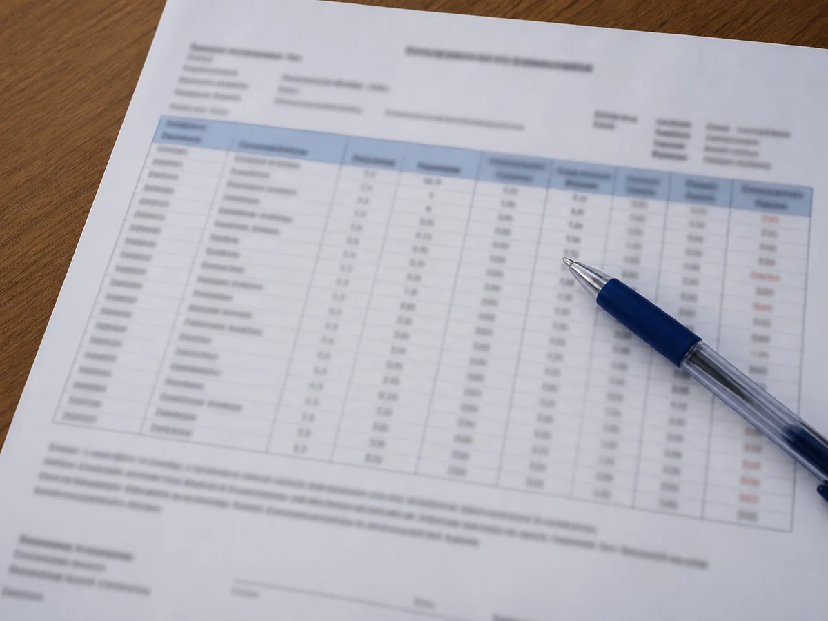 Printed blood test result sheet lying on a table with a pen resting across it, the figures not legible