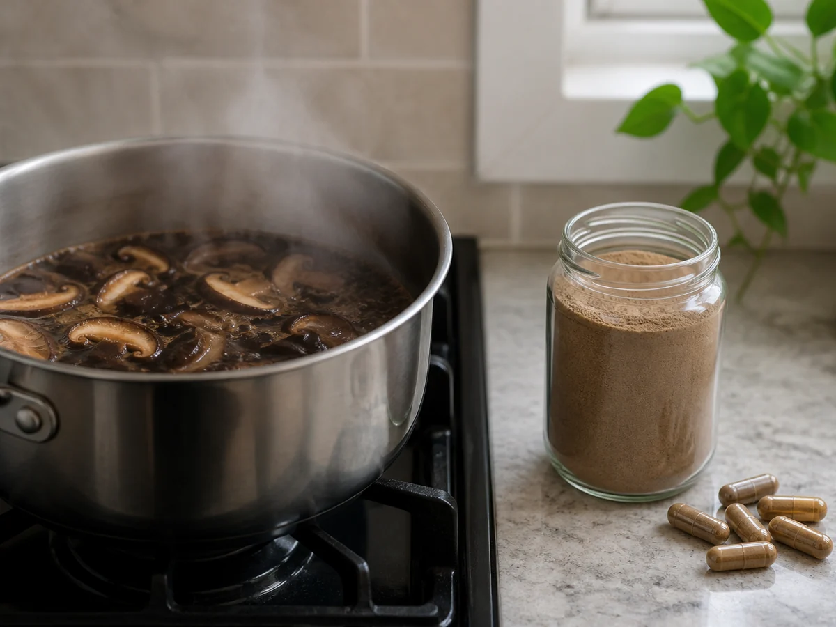 Pot of dark simmering mushroom decoction on a stove beside a jar of fine mushroom powder with loose capsules on the counter