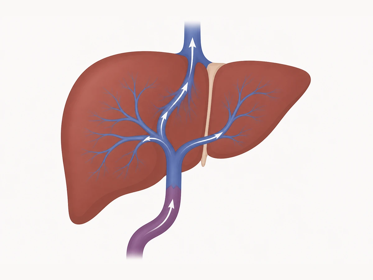 Flat medical illustration of a liver with the portal vein entering from below and the hepatic vein leaving above, arrows showing the direction of blood flow through the organ