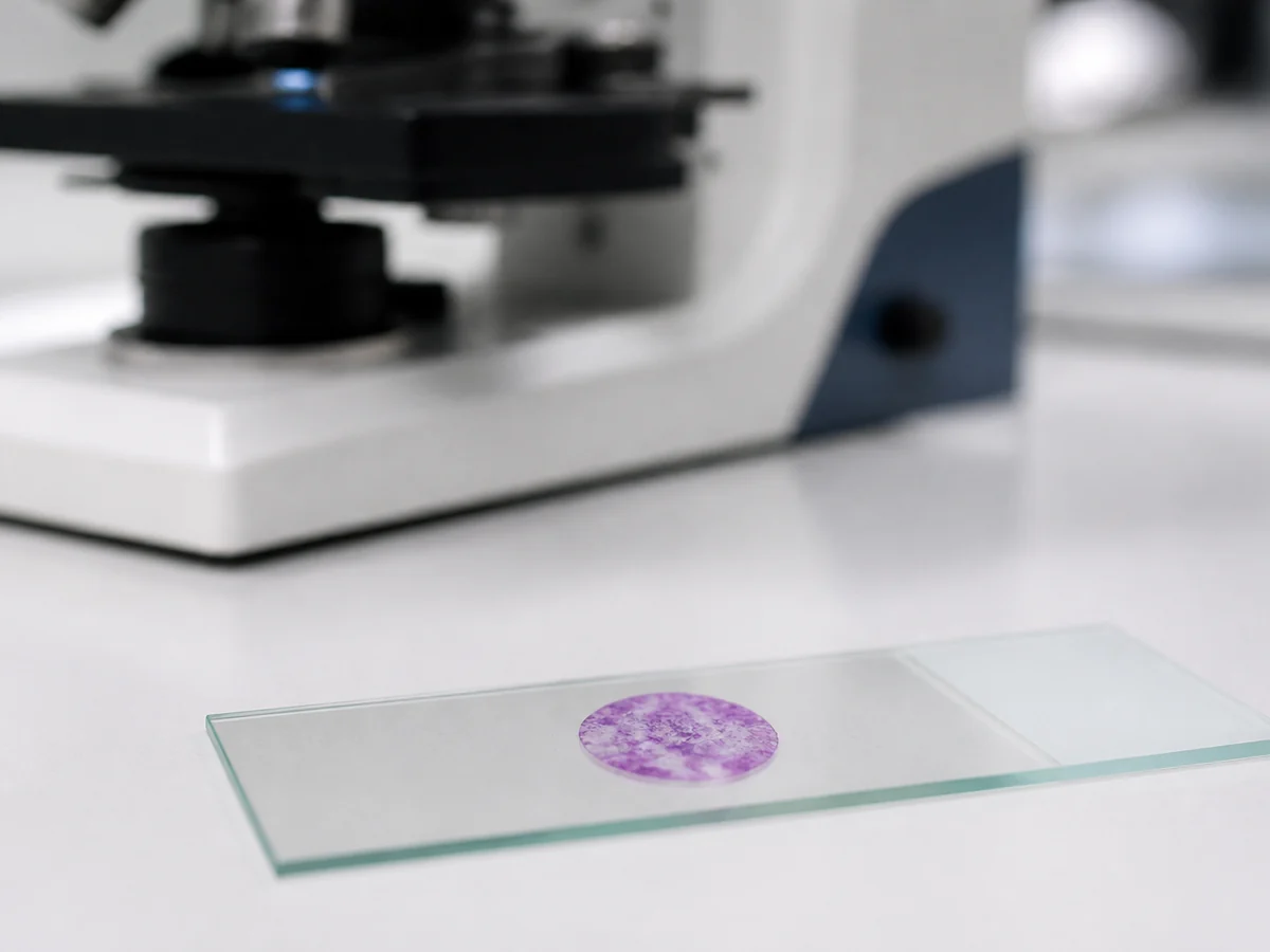 Stained liver tissue section on a glass microscope slide resting on a laboratory bench beside a microscope