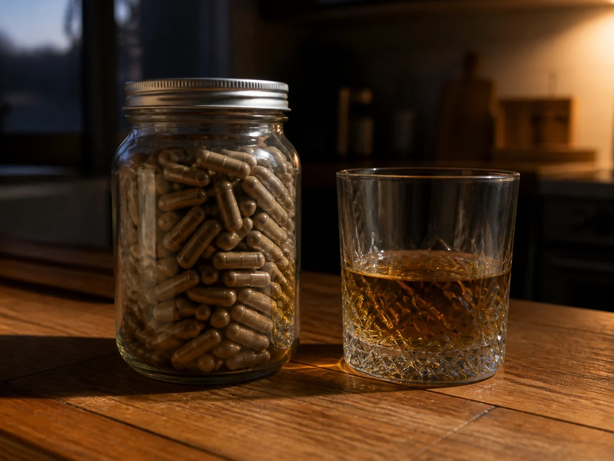 Jar of mushroom capsules standing beside a half-full glass of whisky on a kitchen counter in evening light