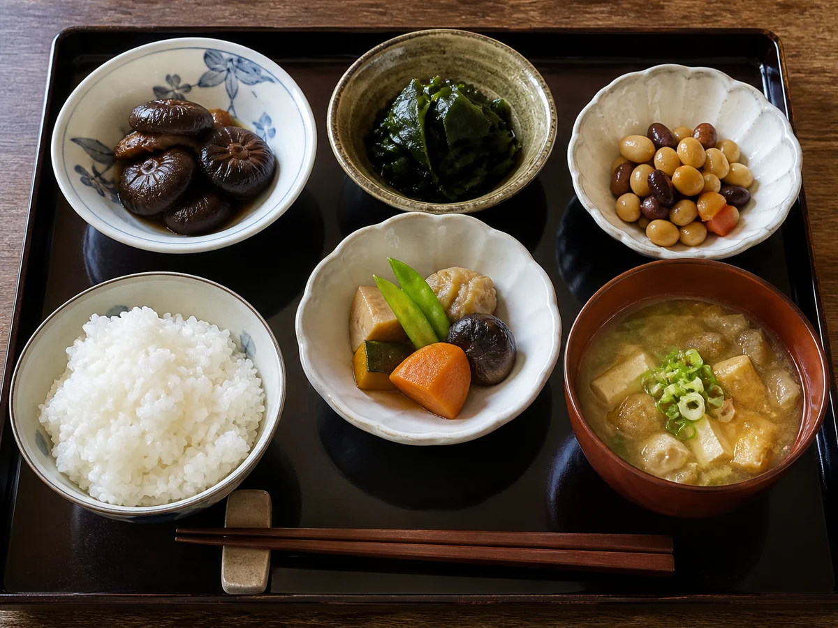 Traditional Japanese meal tray with small bowls of simmered mushrooms, seaweed, vegetables, pulses and rice
