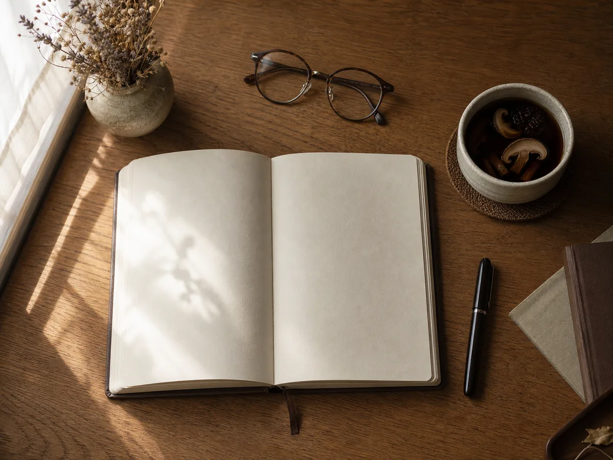 An open notebook, reading glasses and a cup of dark mushroom tea on an oak desk in soft window light