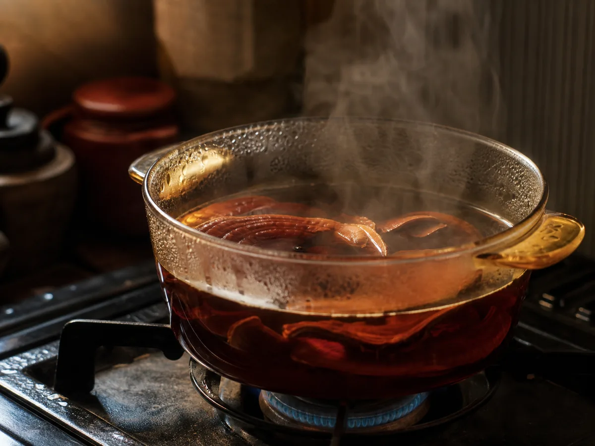 Dried reishi slices simmering in a clear glass pot of dark amber liquid with steam rising