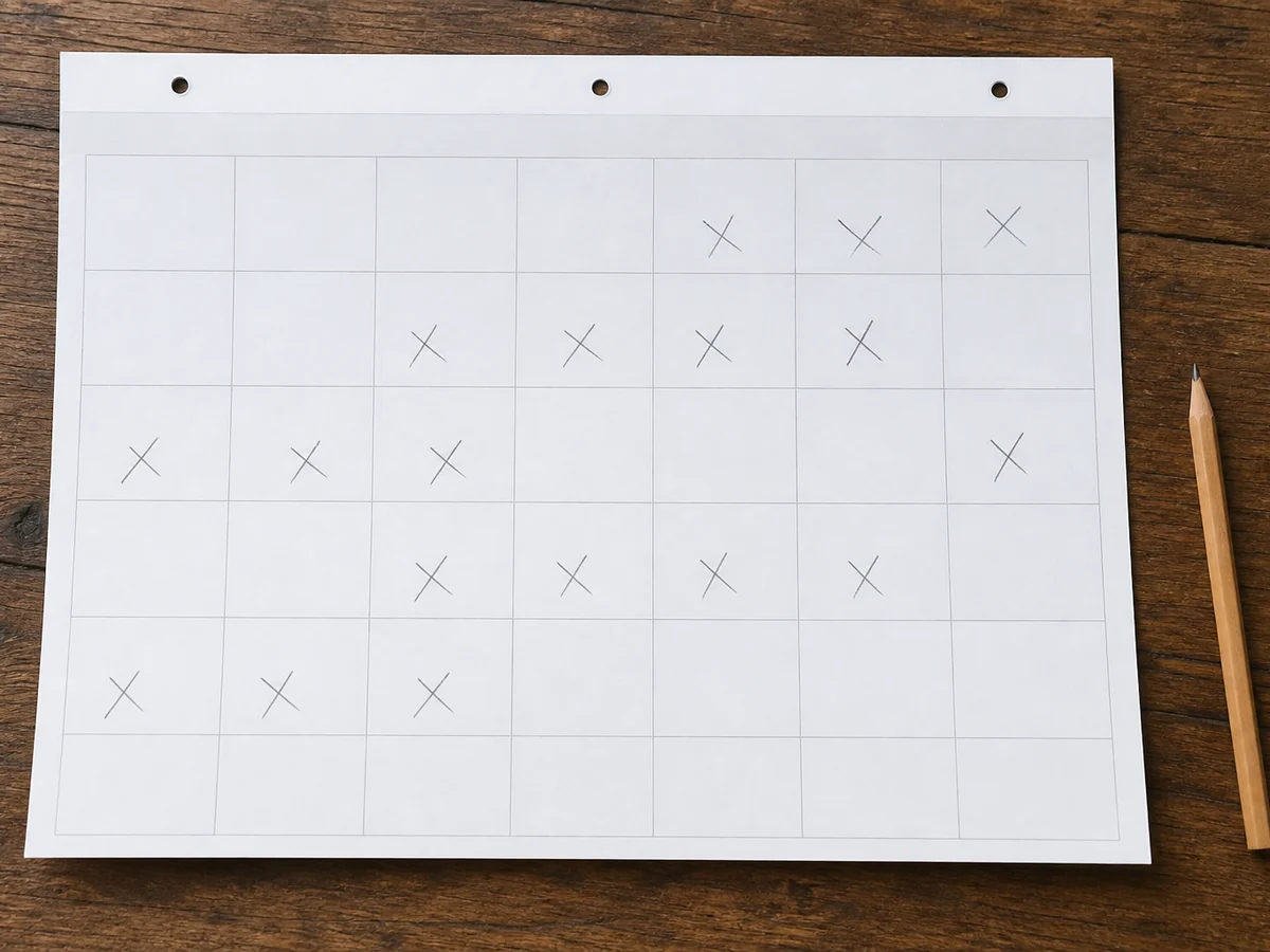 Plain paper wall calendar page on a wooden table with many days marked by small handwritten pencil crosses scattered irregularly across the month