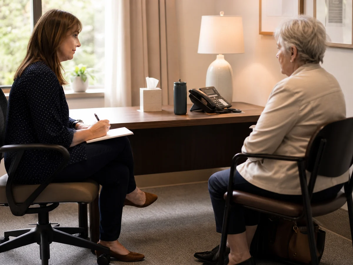 Two people seated across a desk in a bright consulting room, one holding a notepad, seen from the side at a distance