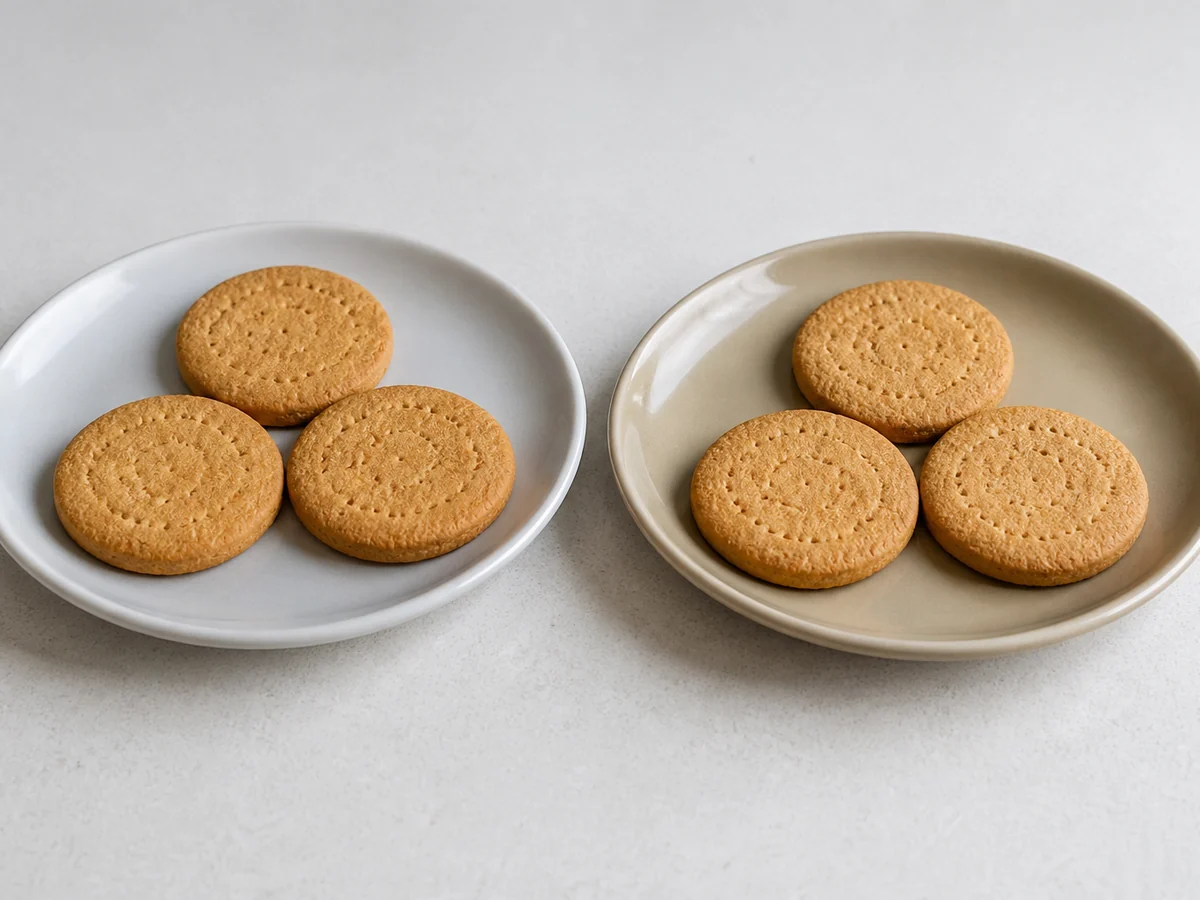 Two small plates side by side, each holding three identical plain round biscuits, one plate slightly darker in color than the other