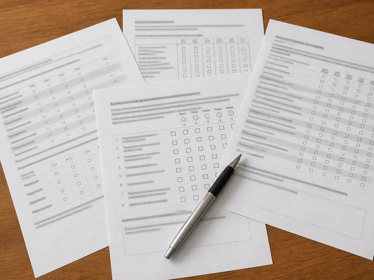 Four printed questionnaires fanned out and overlapping on a wooden desk, each showing rows of tick boxes, with a pen resting across them
