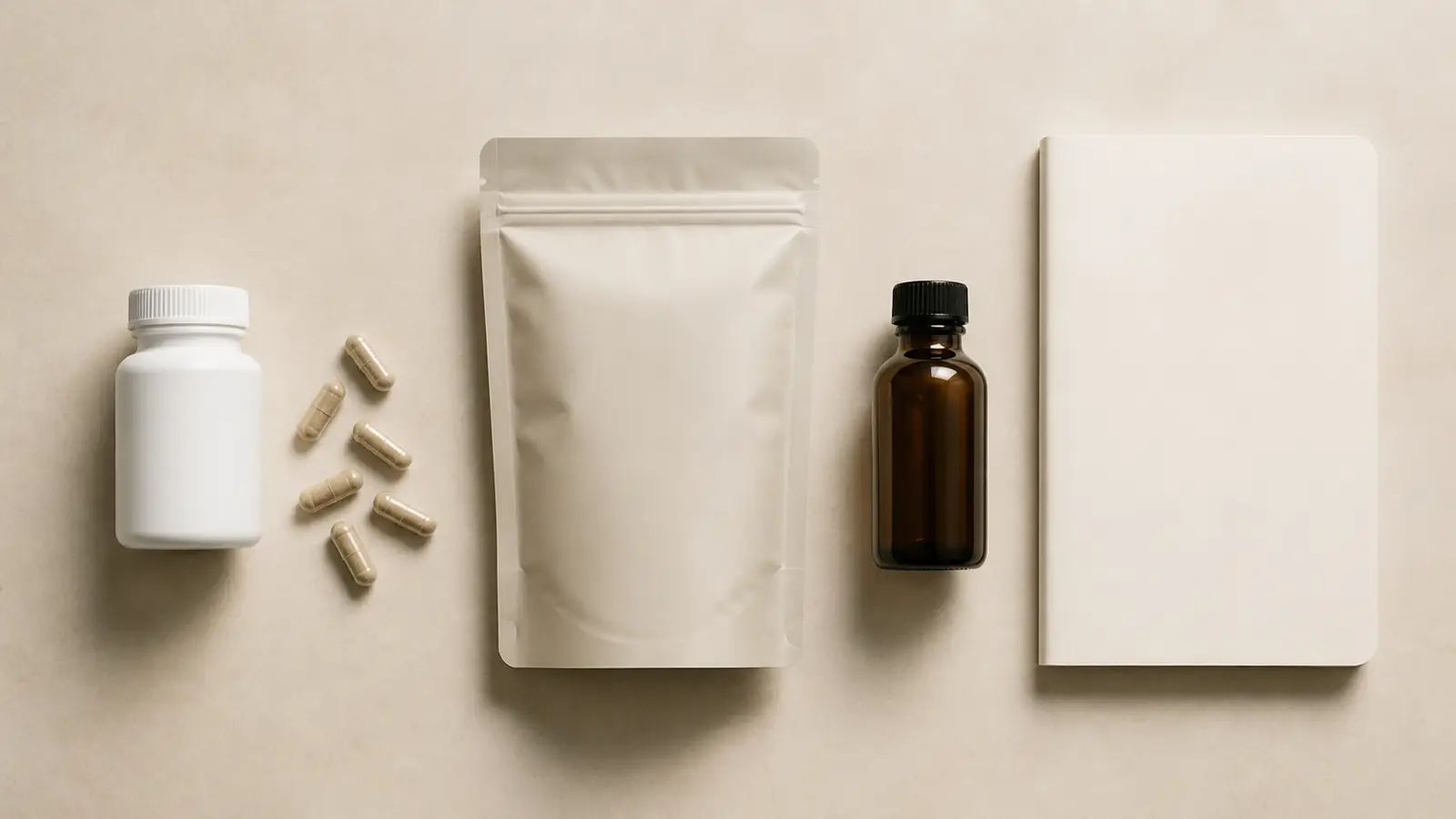 Unbranded capsules, powder, and an extract bottle separated on a neutral work surface