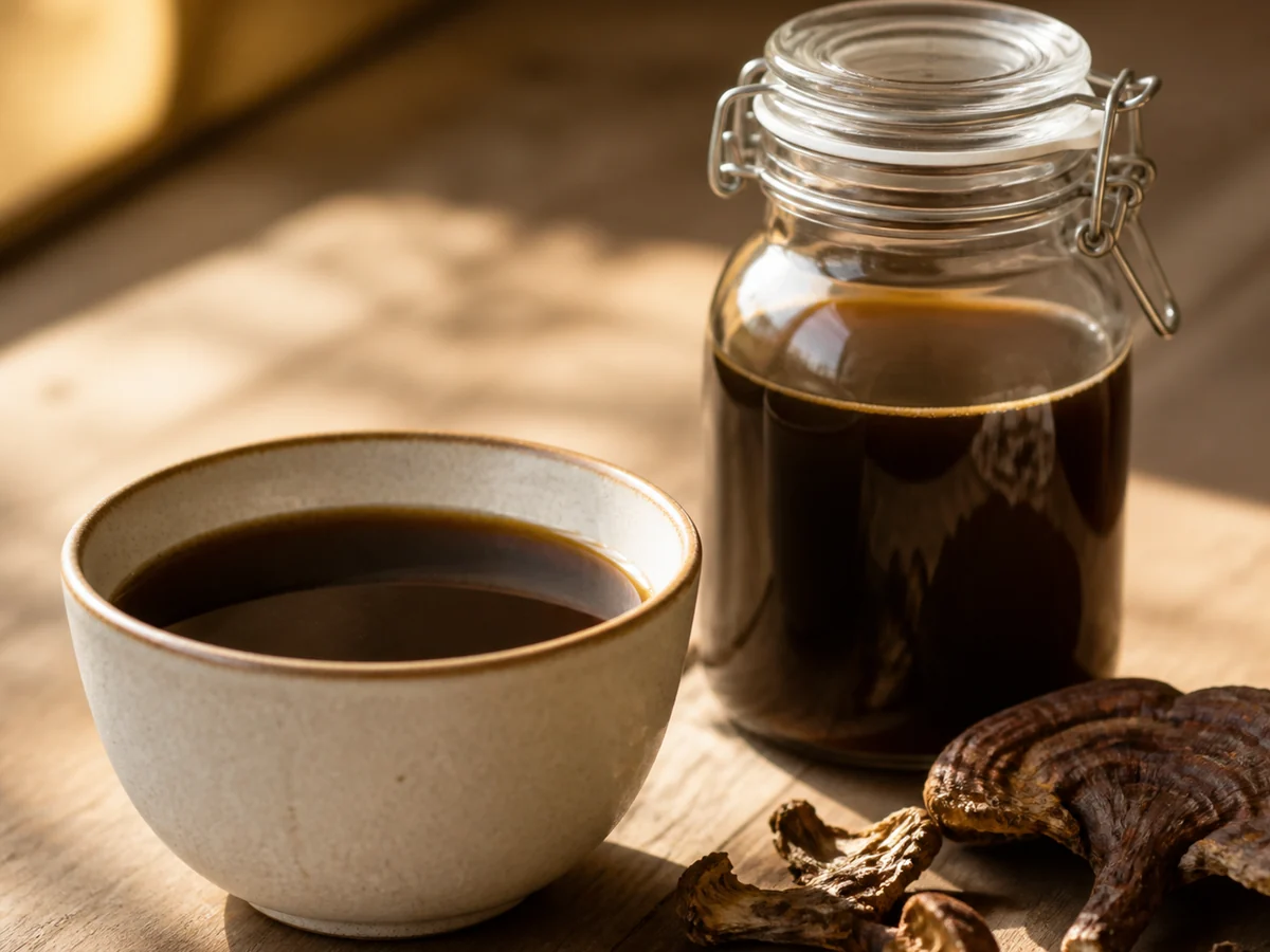 Cup of dark mushroom decoction on a wooden table beside a sealed glass storage bottle