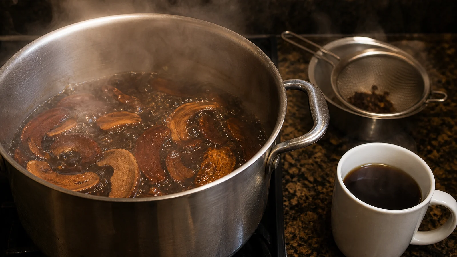 Pot of dark mushroom decoction simmering on a stove beside a strainer and a mug of the finished liquid