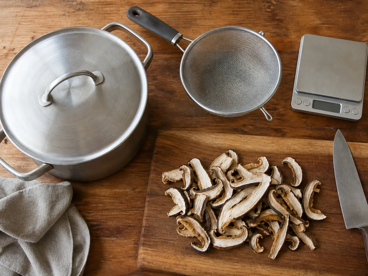 Heavy pot, mesh strainer, kitchen scale and dried mushroom slices on a wooden counter