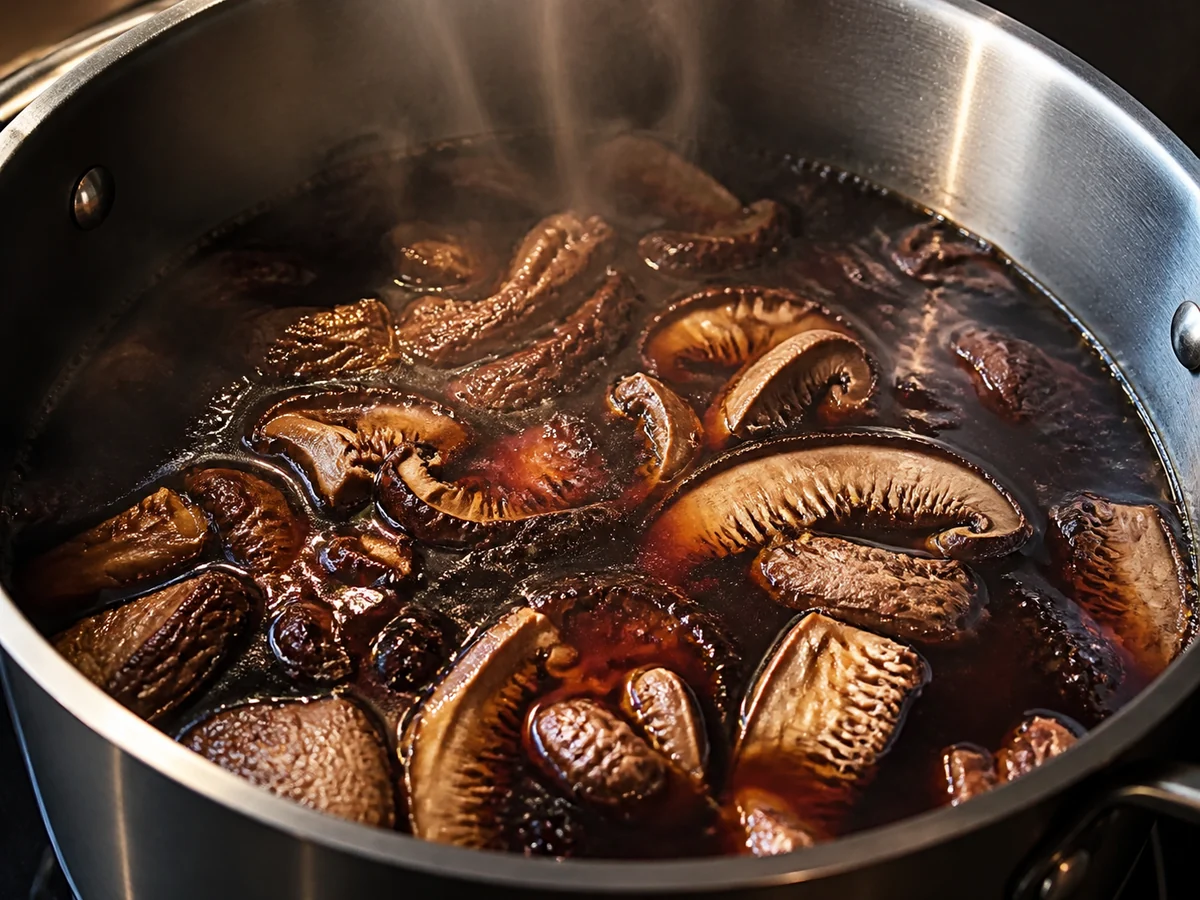Heavy pot of dark mushroom decoction at a low simmer with woody dried slices floating in it