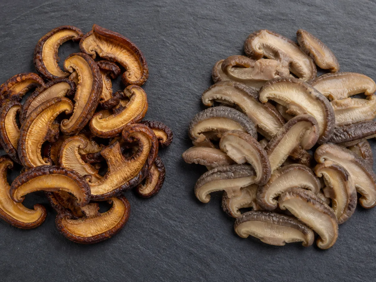 Two heaps of dried mushroom slices side by side, one dark and glossy and one pale and exhausted
