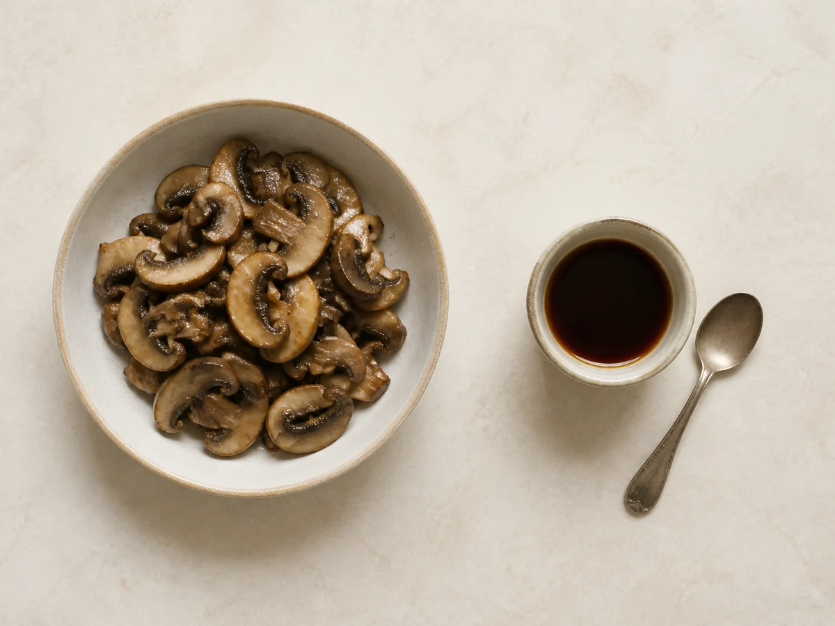 Bowl of cooked sliced mushrooms beside a small cup of dark extract liquid and a spoon