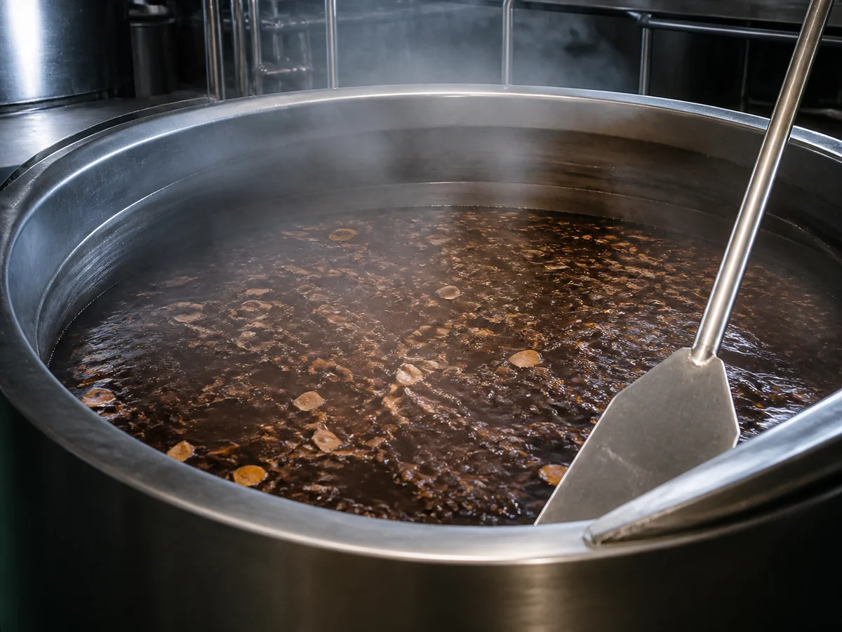 Dried mushroom pieces simmering in a large stainless extraction vessel with steam rising