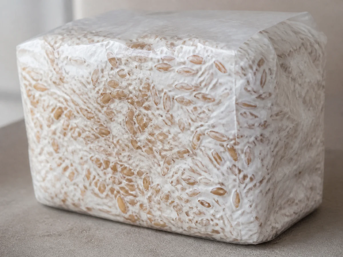Block of white mycelium colonizing sterilized grain in a clear bag with individual grains visible