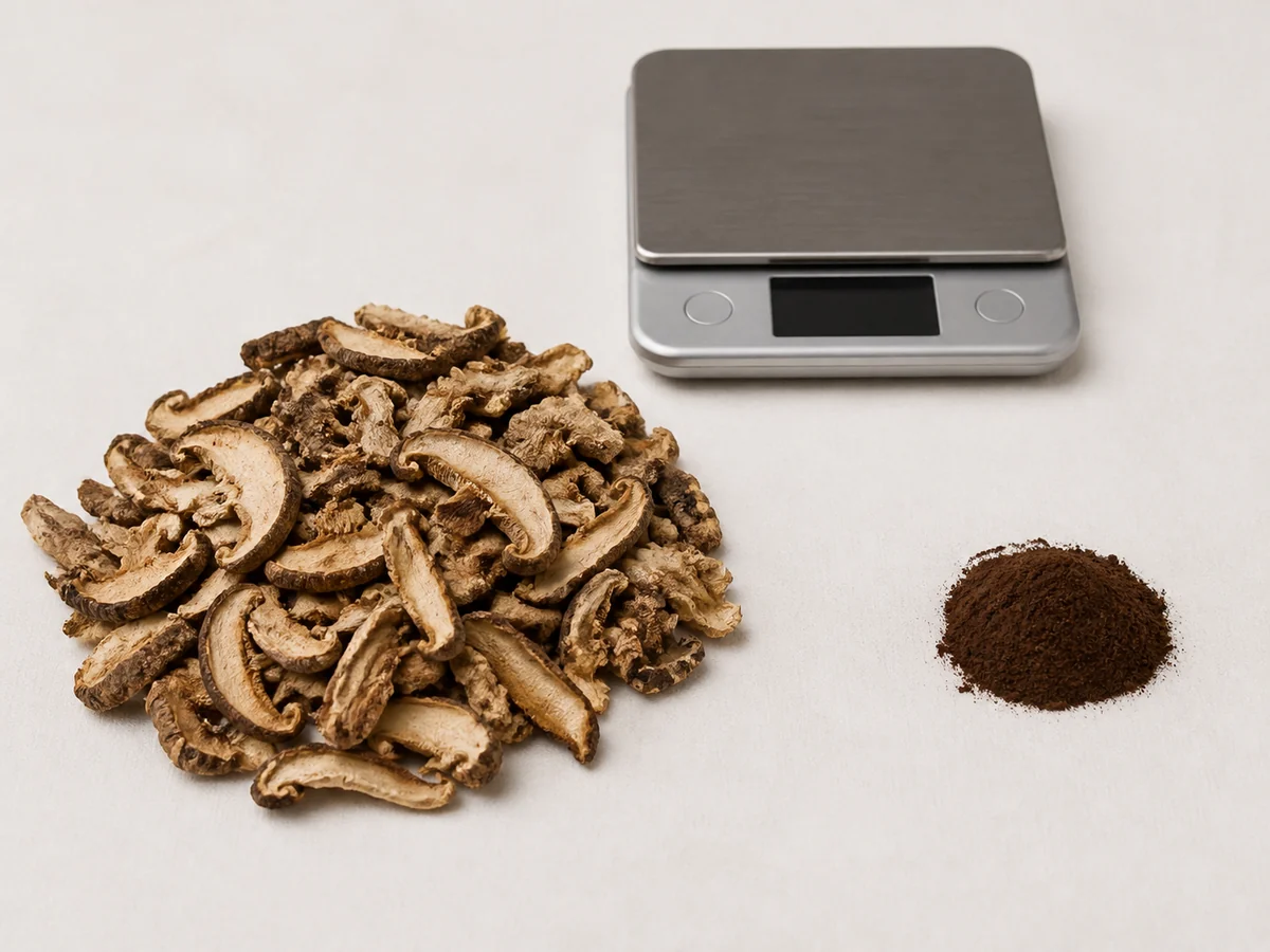 Large mound of dried mushroom slices beside a small pile of dark extract powder with a digital scale behind