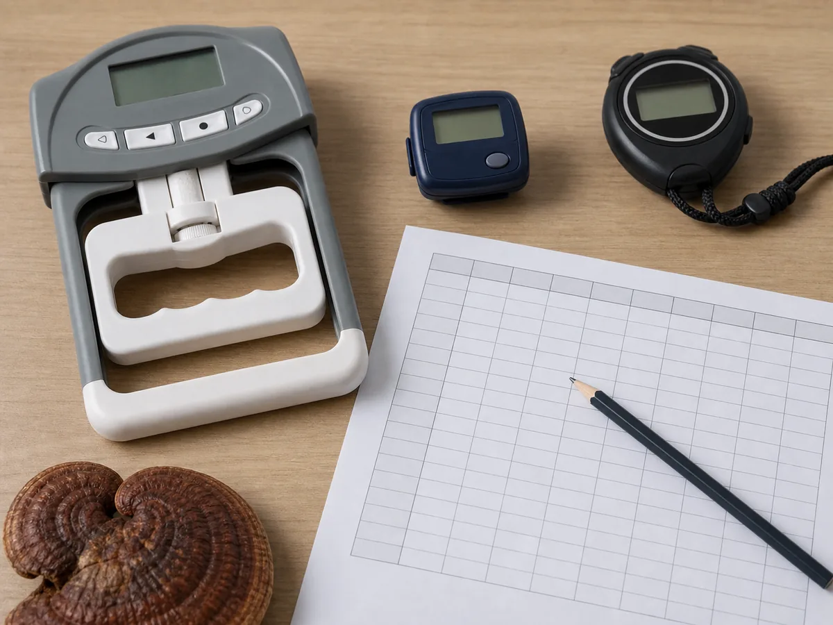 Grip dynamometer, step counter, stopwatch, symptom grid, and a small reishi specimen