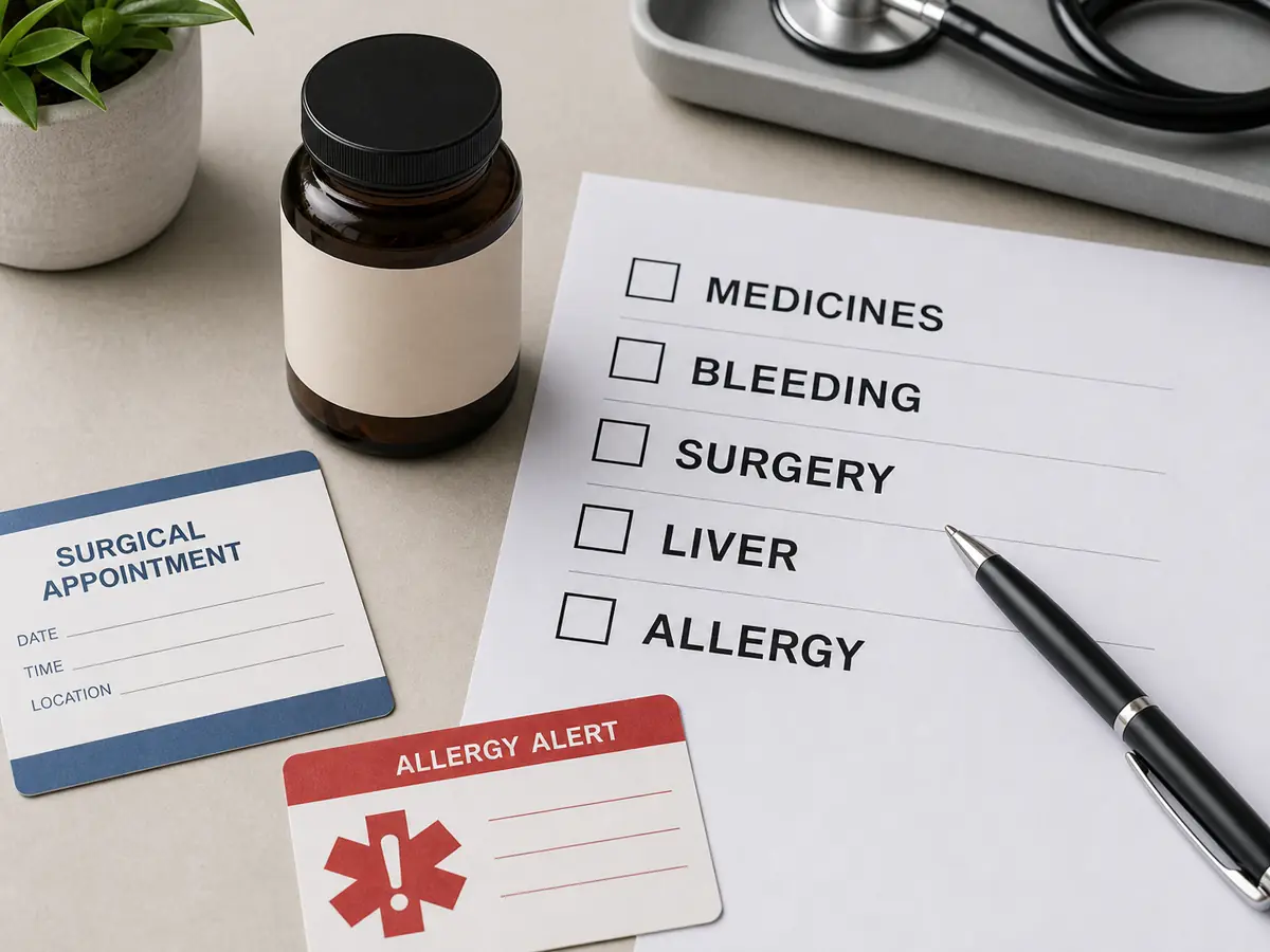 Reishi product beside a medication, bleeding, surgery, liver, and allergy review checklist