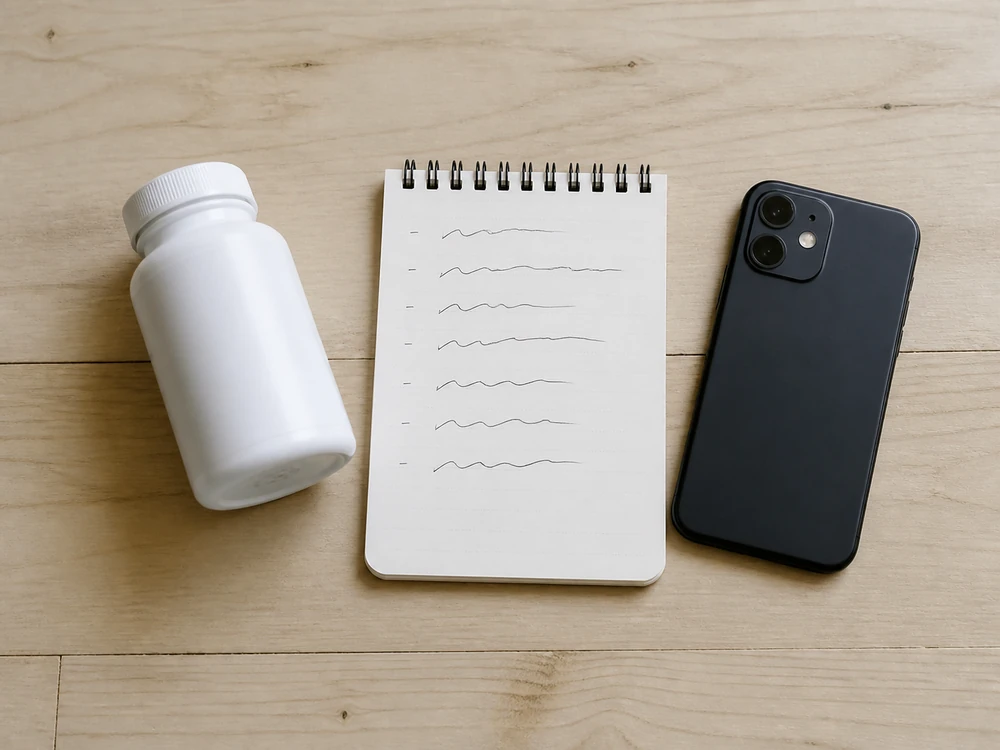 A supplement bottle, a handwritten medication list, and a phone laid out on a plain table