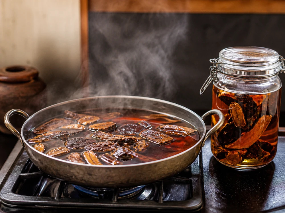 Dried reishi slices simmering in a pan of dark water beside a sealed jar of amber tincture