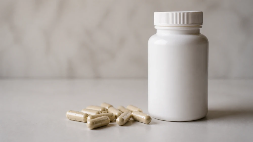 A supplement bottle and loose mushroom extract capsules on a plain pale surface