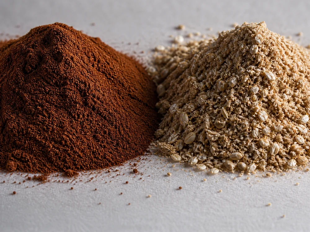 Two small heaps of powder side by side under raking light, one fine and dark and one paler with visible grain particles