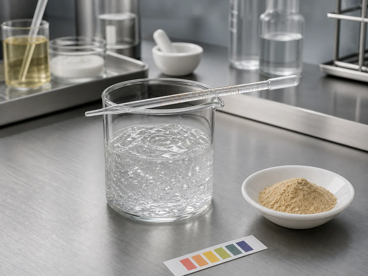 Cosmetic formulation bench with a beaker of clear gel, a pipette, extract powder and pH strips
