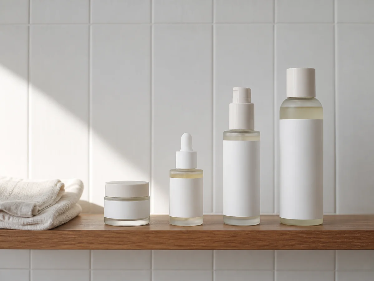 Three unbranded skincare bottles and a jar with blank labels on a bathroom shelf