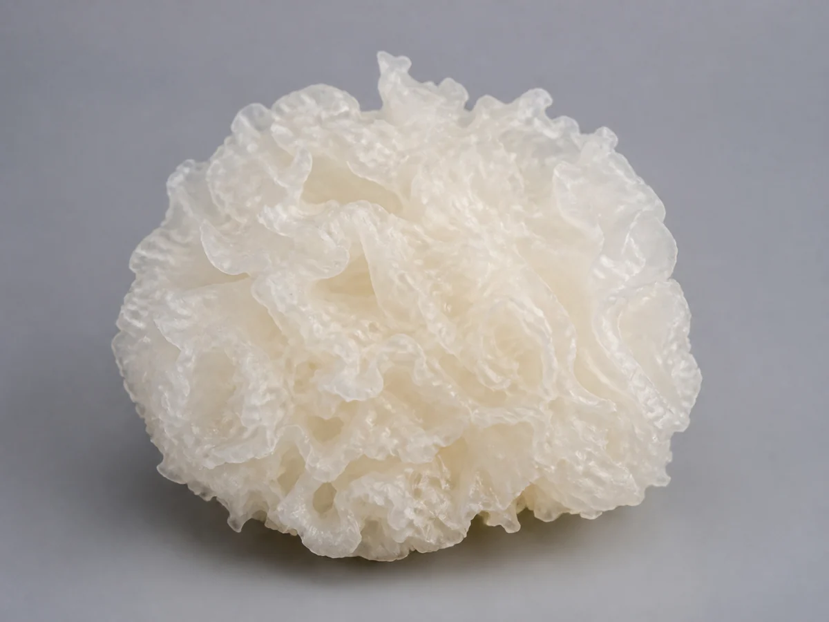 Whole translucent white Tremella fuciformis fruiting body with dense frilled lobes