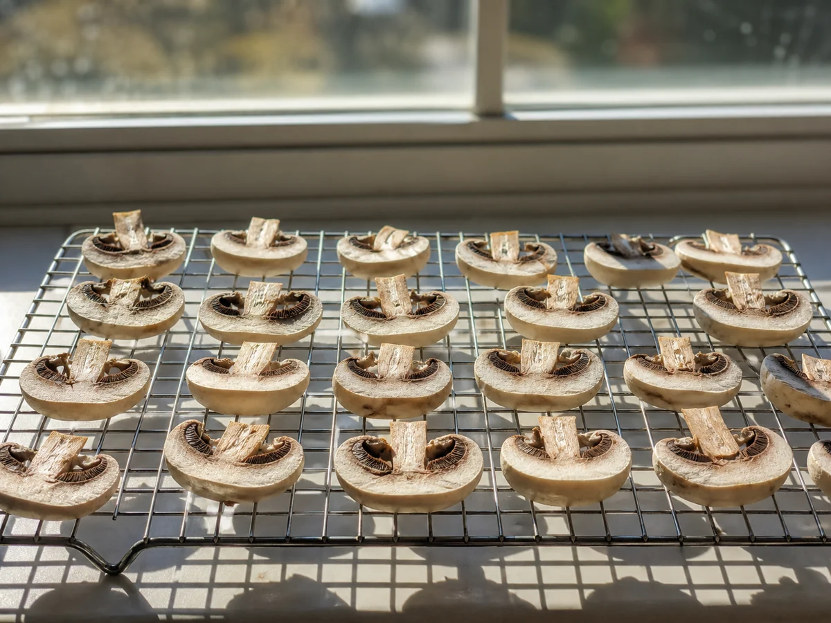 Sliced mushrooms gill side up on a wire rack in direct sunlight on a windowsill