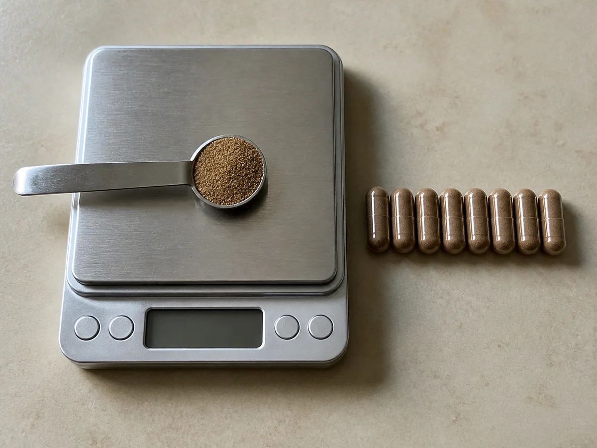 Digital scale holding a teaspoon of mushroom powder with eight capsules laid out beside it
