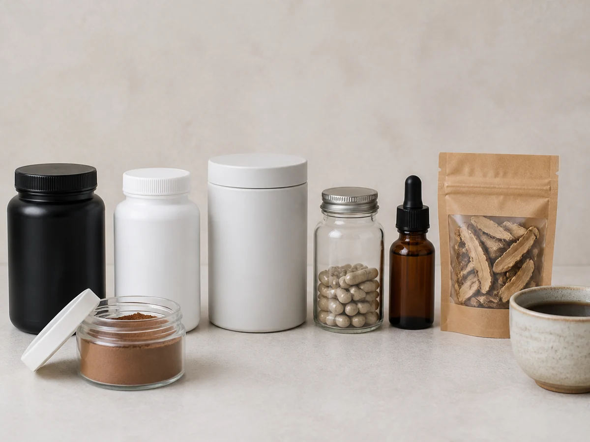 Five plain containers in a row holding mushroom powder, capsules, tincture, dried slices and brewed liquid