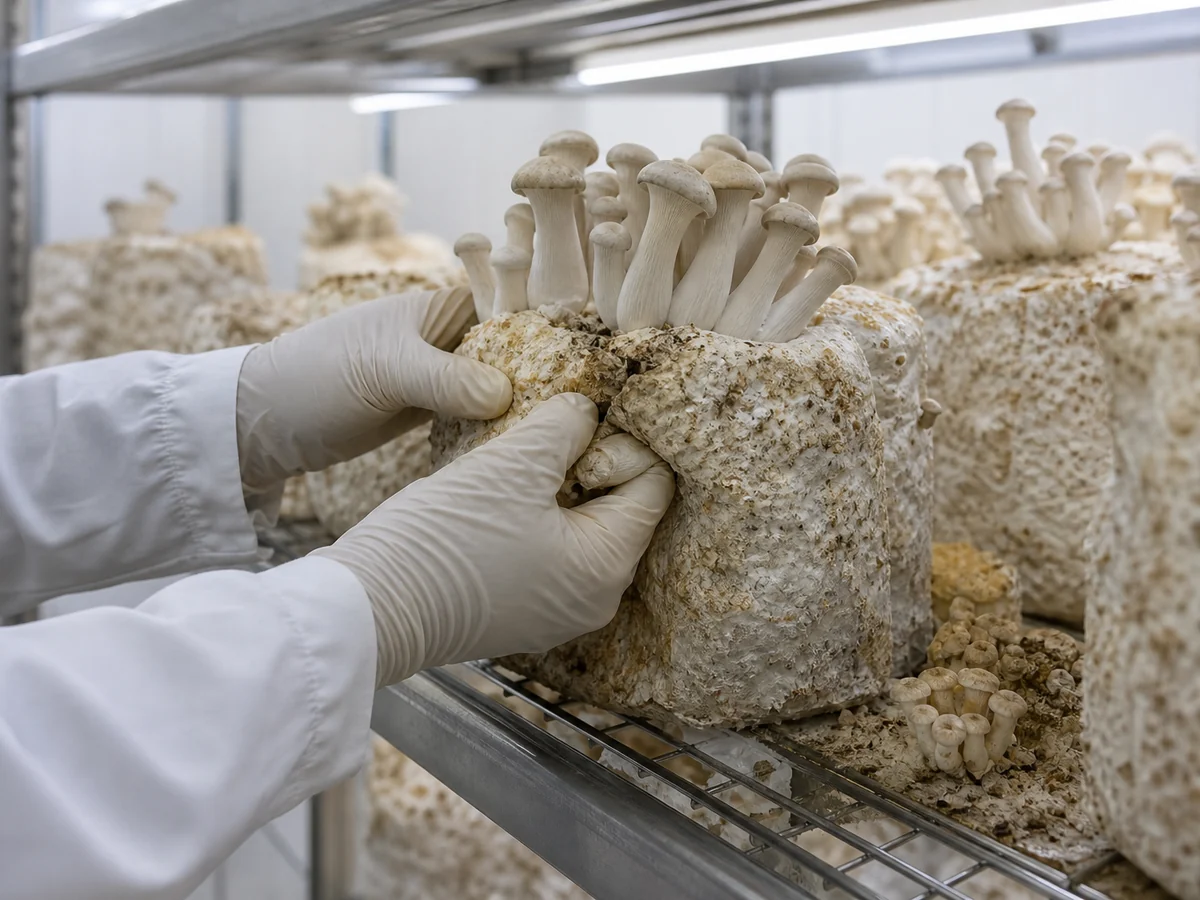 Gloved hands harvesting pale mushrooms from a colonized substrate block in an indoor growing room