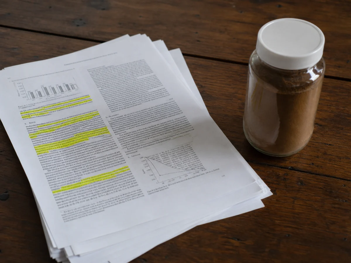 Small stack of printed research papers on a desk beside a plain jar of mushroom powder