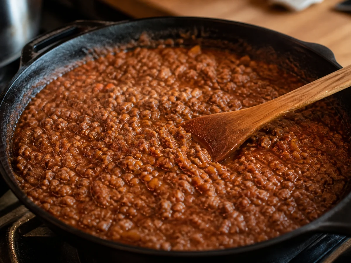 Cast iron skillet of bolognese sauce with chopped mushrooms and ground beef mixed together