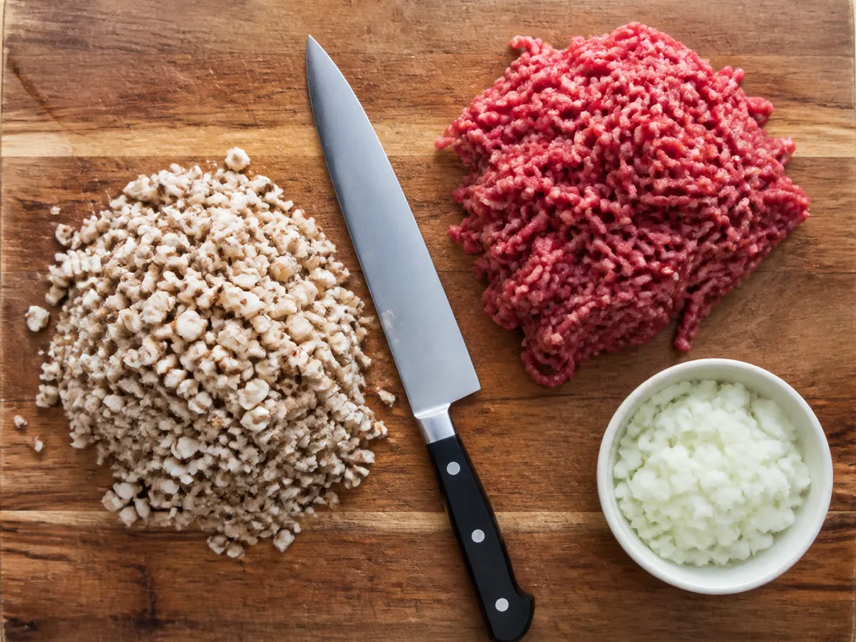 Finely chopped raw mushrooms beside raw ground beef on a wooden board with a chef knife
