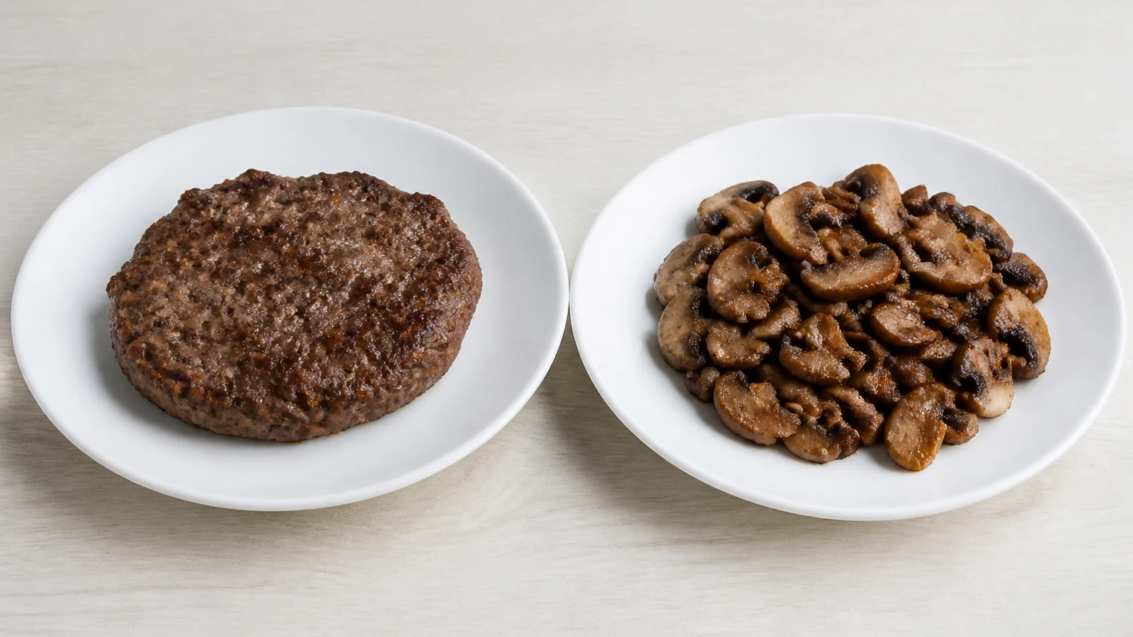 Two identical plates side by side, one holding a beef patty and one an equal volume of chopped mushrooms