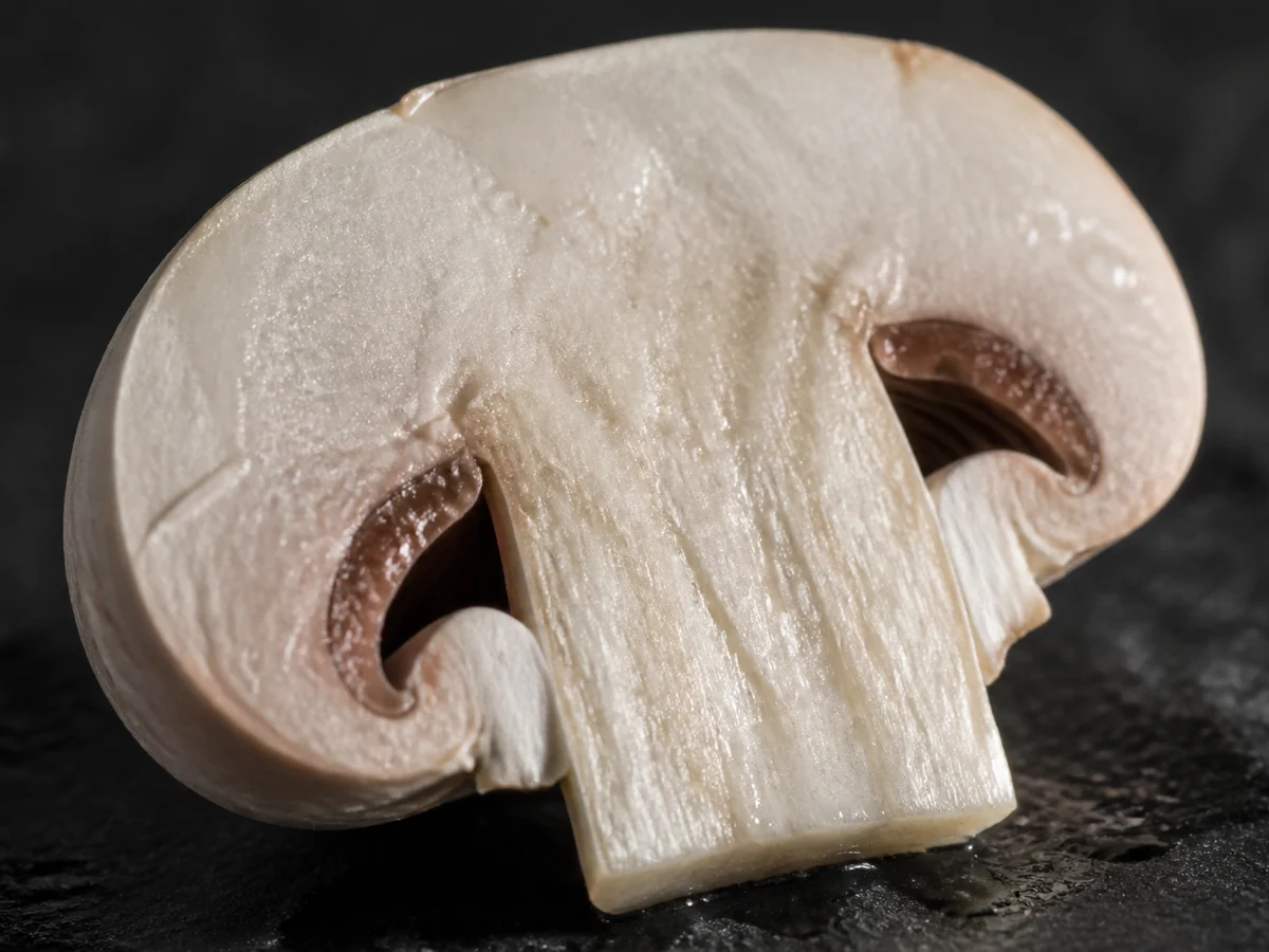 Halved raw white button mushroom on dark slate with beads of moisture on the cut face