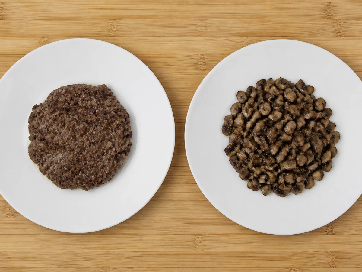 Two identical plates side by side, one with a beef patty and one with an equal volume of chopped mushrooms
