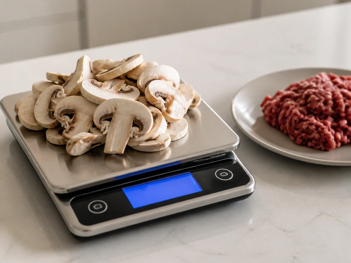 Kitchen scale holding sliced raw mushrooms with a smaller portion of ground beef beside it