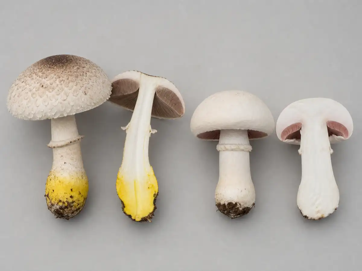 Eastern flat-top Agaricus beside a non-yellowing field mushroom