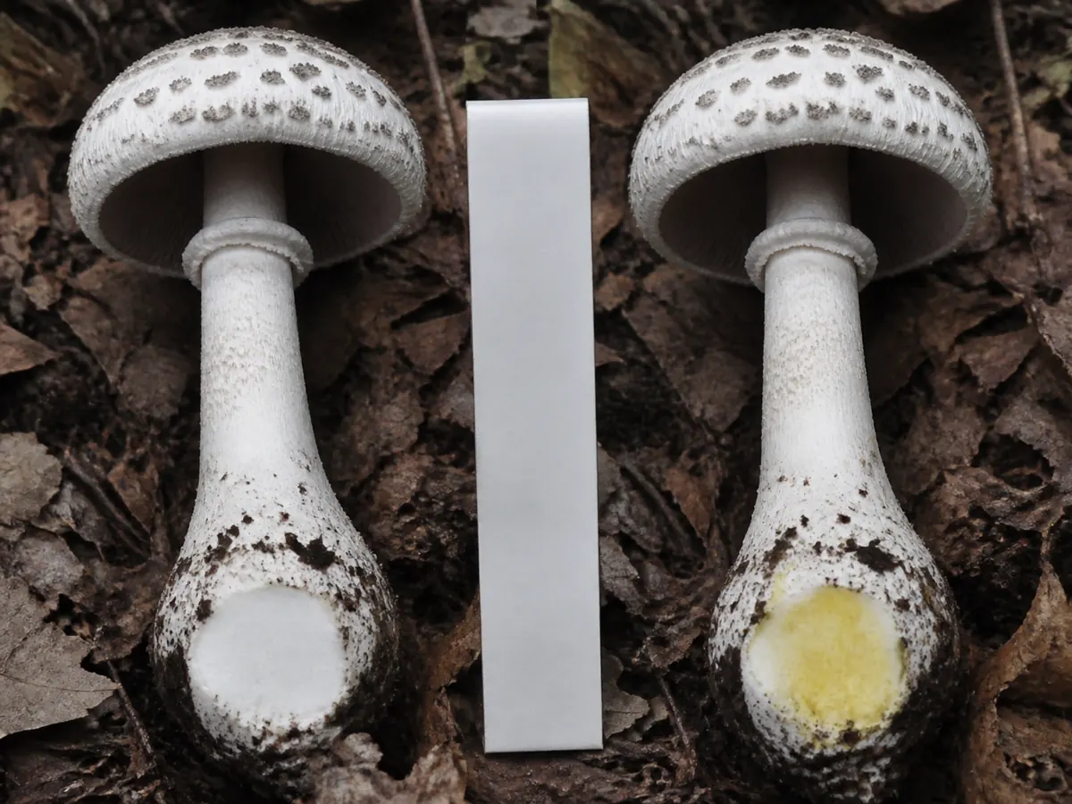 Fresh white and later yellow-stained basal tissue of eastern flat-top Agaricus