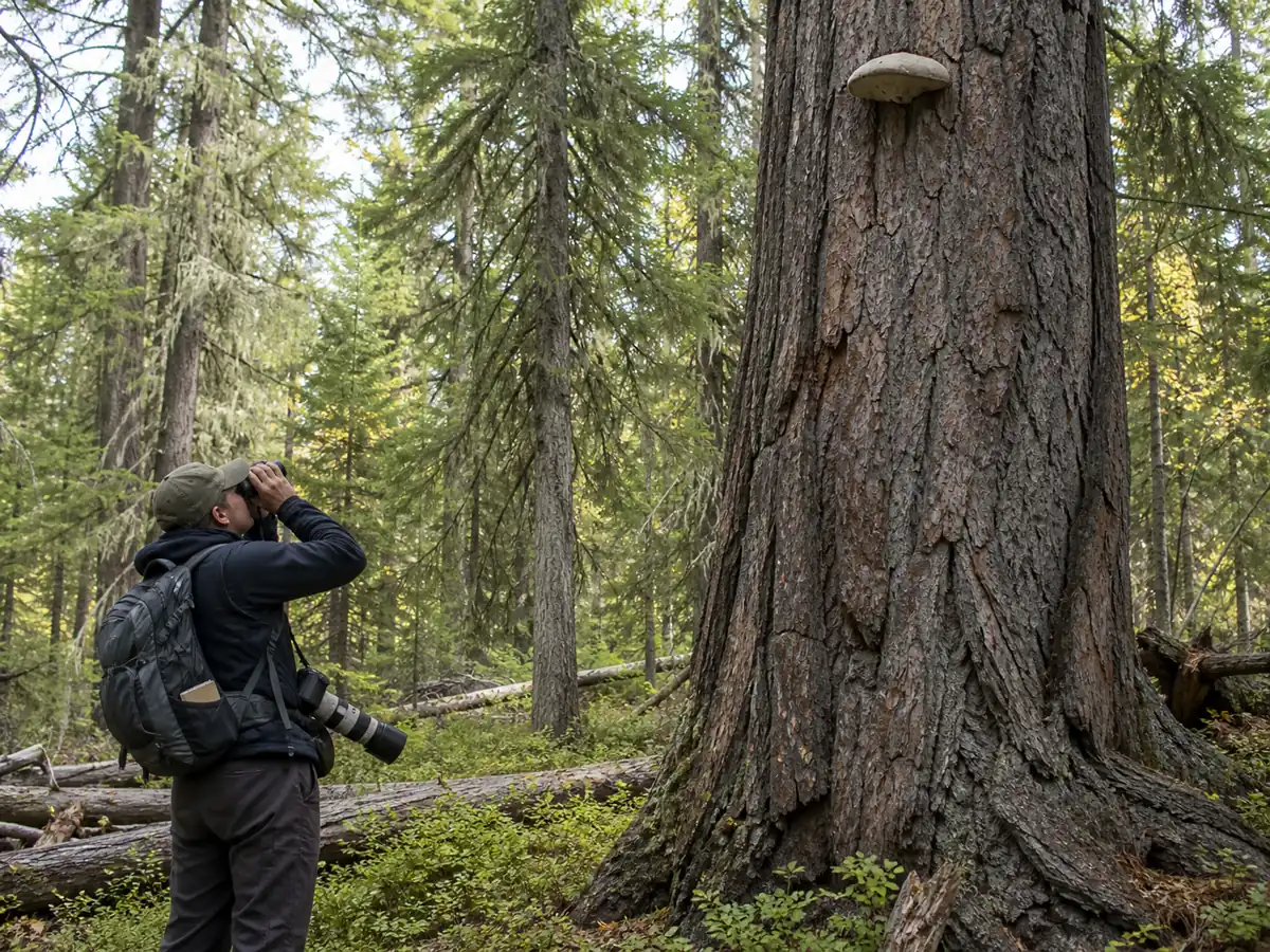 A field mycologist documenting agarikon high on an old larch without removing it