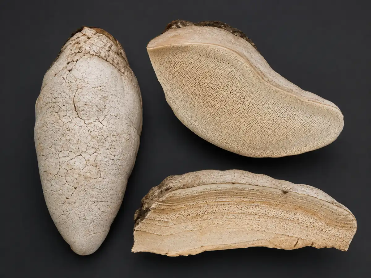 Pale cracked agarikon conk with its pore surface and chalky broken texture visible