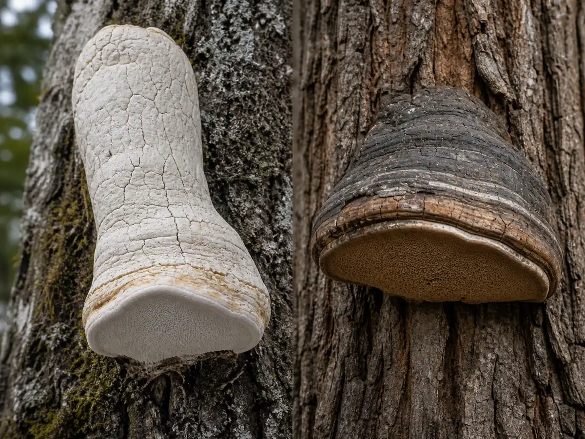 Pale columnar agarikon beside a dark zoned tinder conk
