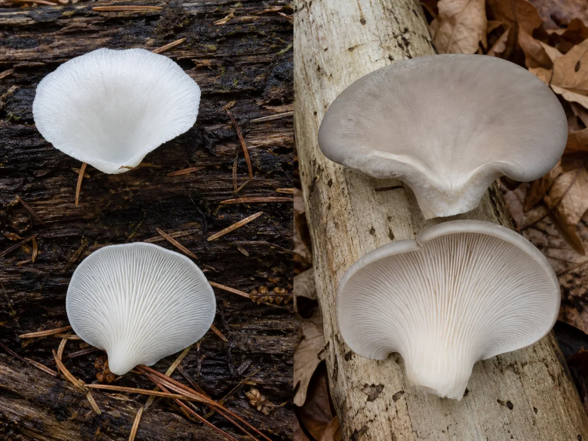 Thin white angel wing on conifer wood beside a thicker oyster mushroom on hardwood