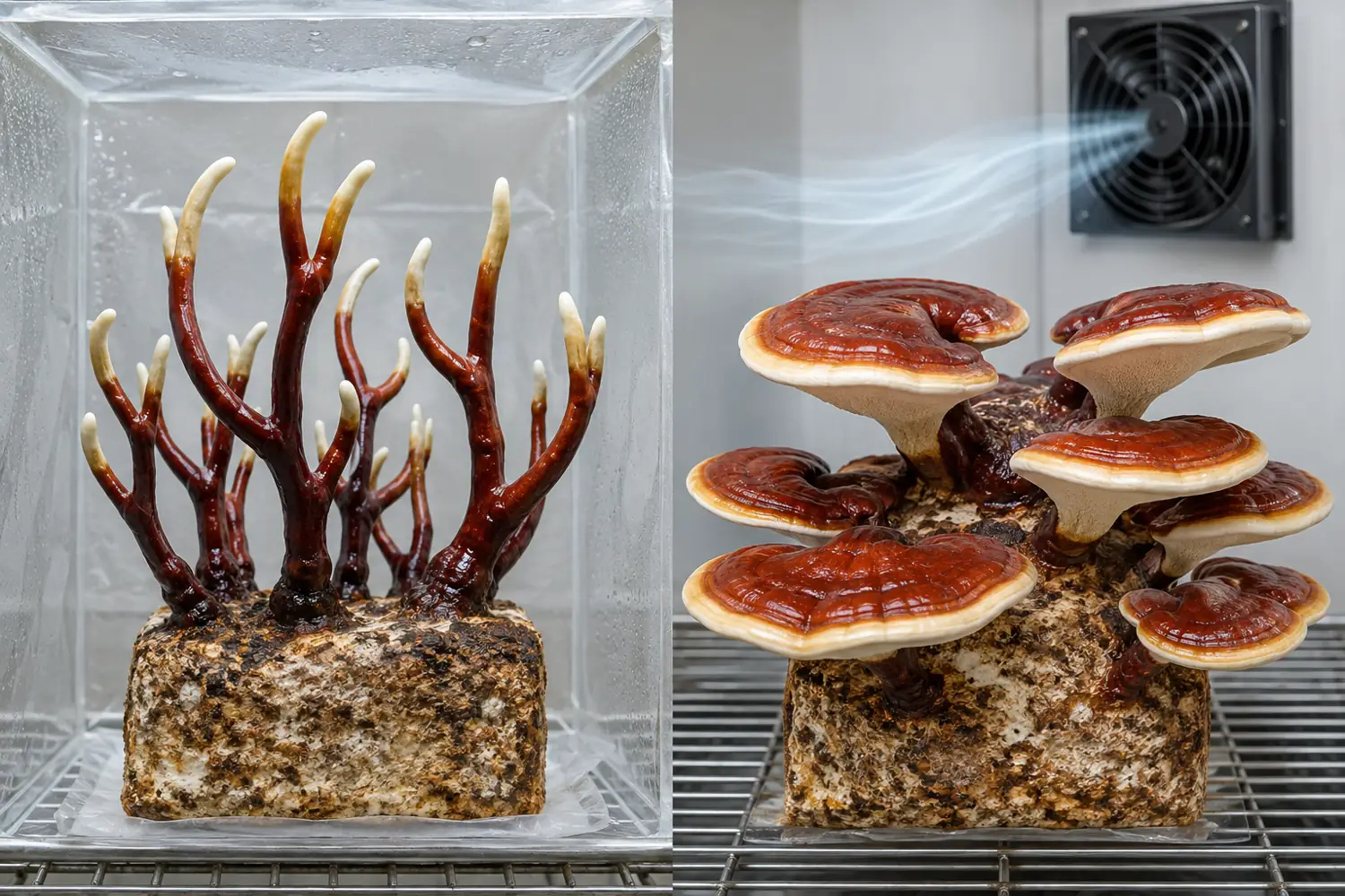 Antler-form reishi under restricted ventilation beside shelf-form reishi under stronger air exchange