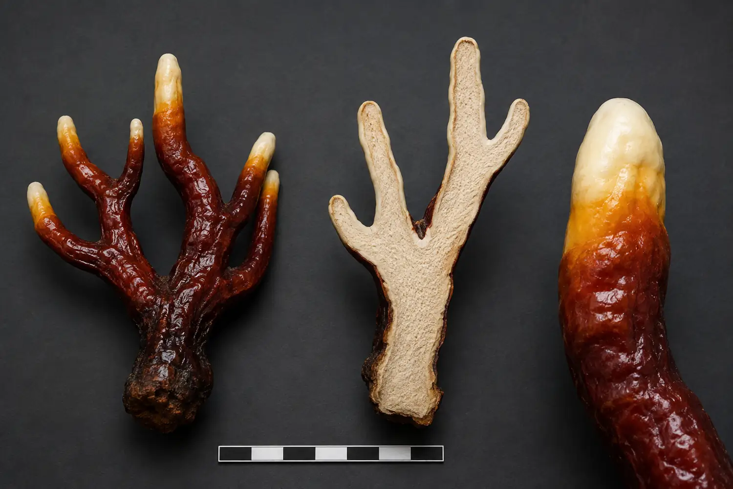 Intact antler reishi, a longitudinal section, and the color transition at an active tip